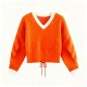 Orange V-Neck Sweater with Lace Knit and Drawstring Hem