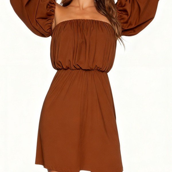 Women's Brown Off-Shoulder Puff Sleeve Dress - Boho-Inspired Mini Dress