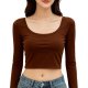 Brown Long-Sleeve Square Neck Crop Top