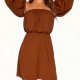 Women's Brown Off-Shoulder Puff Sleeve Dress - Boho-Inspired Mini Dress
