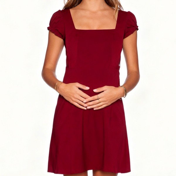 Women's Burgundy Square Neck Puff Sleeve Dress - Retro-Inspired Mini Dress