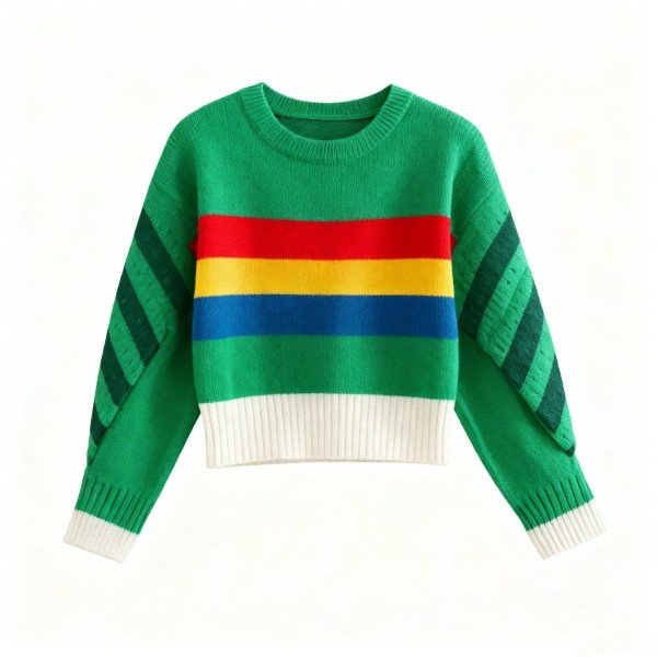 Green Crew Neck Sweater with Rainbow Stripe and Textured Sleeves