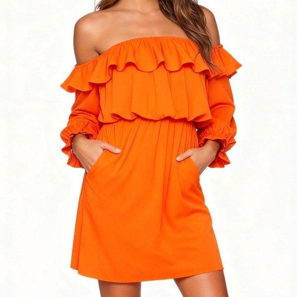 Women's Orange Off-Shoulder Ruffled Dress - Long Sleeve Party Mini Dress