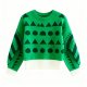 Green Crew Neck Sweater with Geometric Pattern and Textured Sleeves