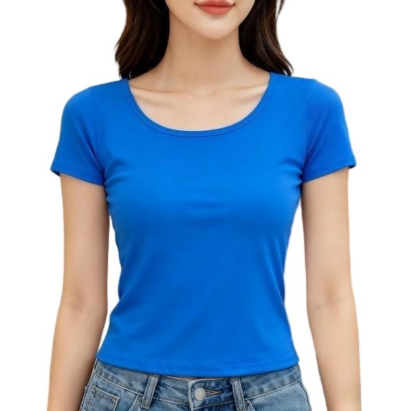 Women's Royal Blue Short Sleeve Scoop Neck Crop Top - Slim-Fit Casual T-Shirt