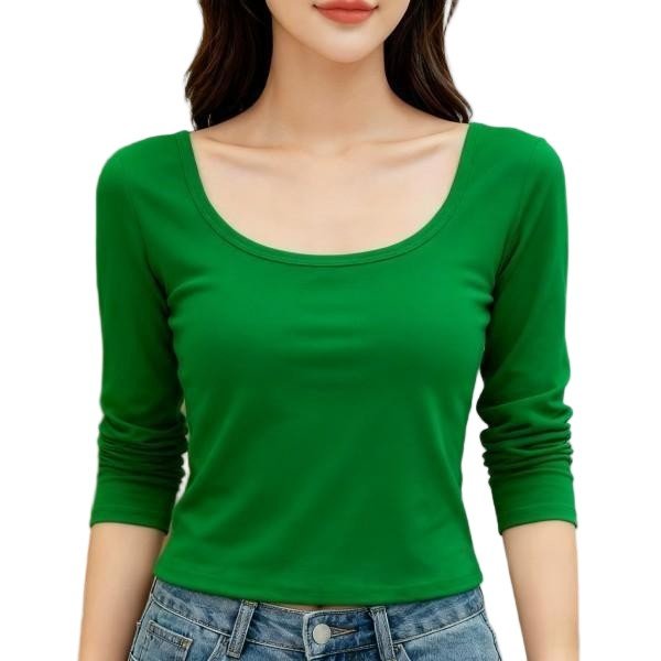 Green Long-Sleeve Square Neck Crop Top