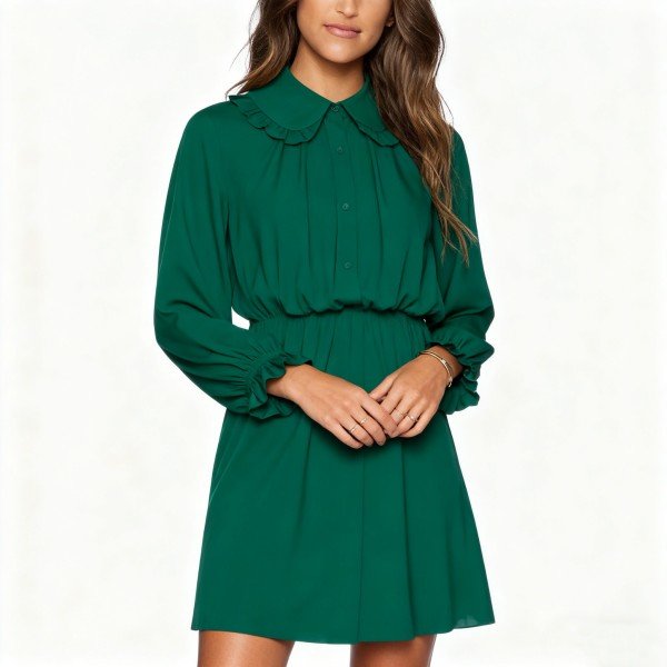 Women's Emerald Green Ruffled Collar Shirt Dress - Long Sleeve Button-Front Mini Dress