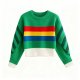 Green Crew Neck Sweater with Rainbow Stripe and Textured Sleeves
